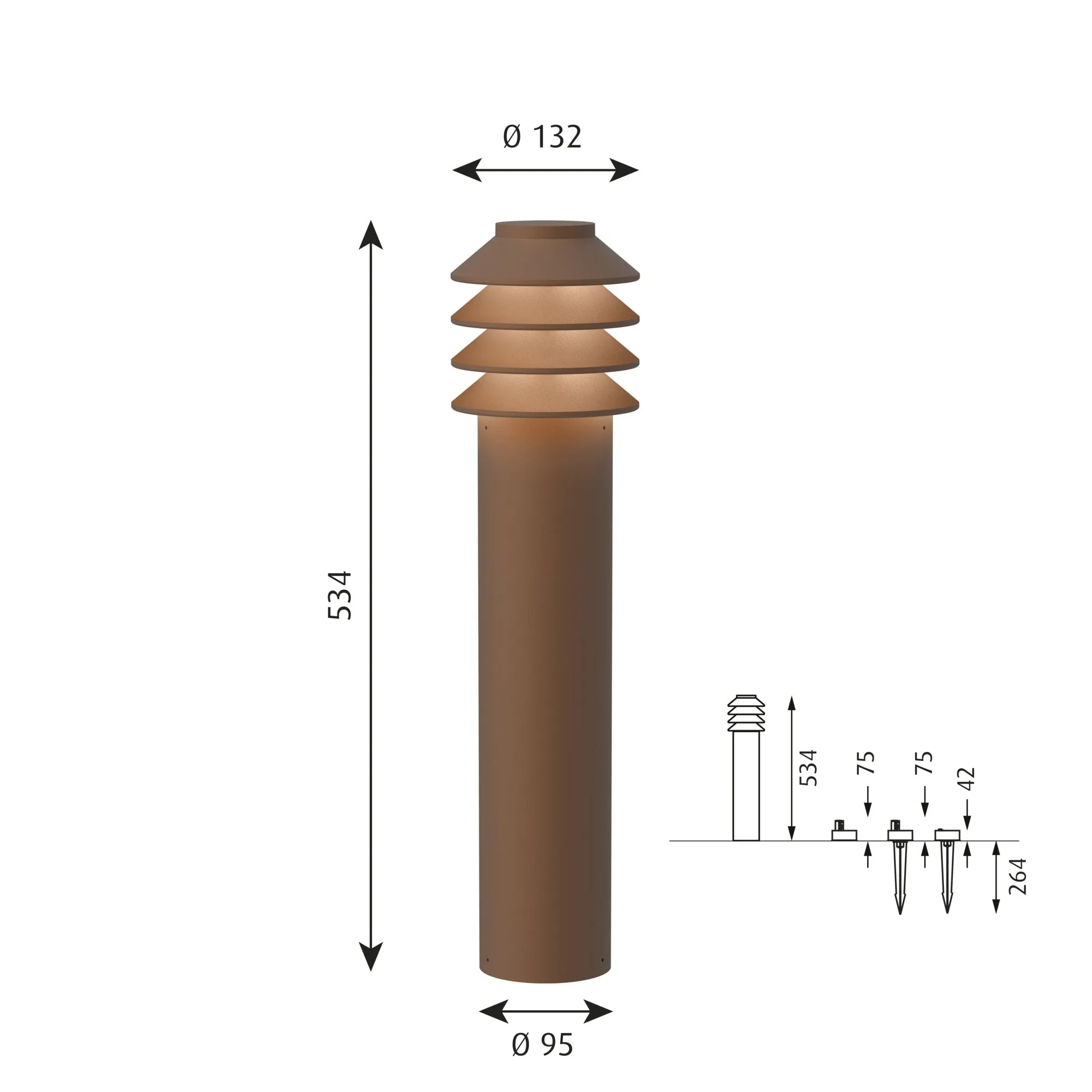Louis Poulsen Bysted Garden Bollard Lamp Large Cortenfarben Led 3000 K With Ground Piece O/Adapter