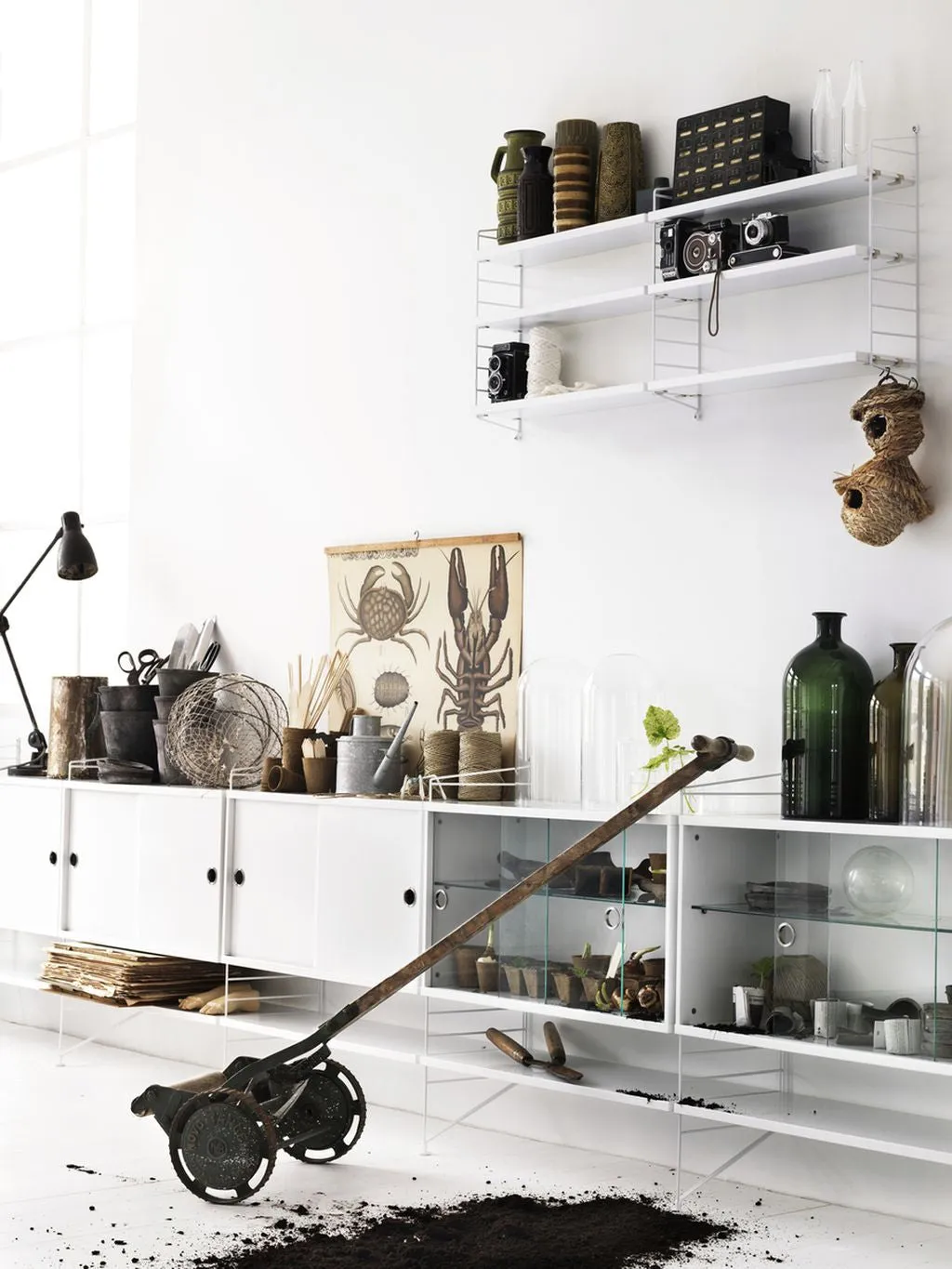 String Furniture String System Cabinet Element With Sliding Glass Doors, White